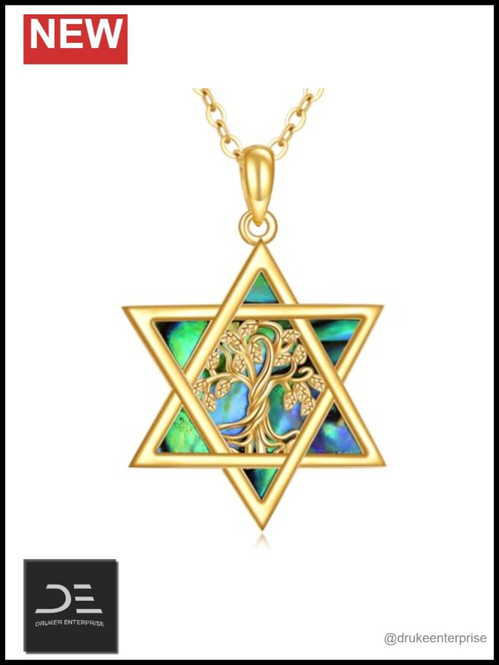14K Solid Gold Star of David Tree of Life Pendant Necklace 16in Cable Chain